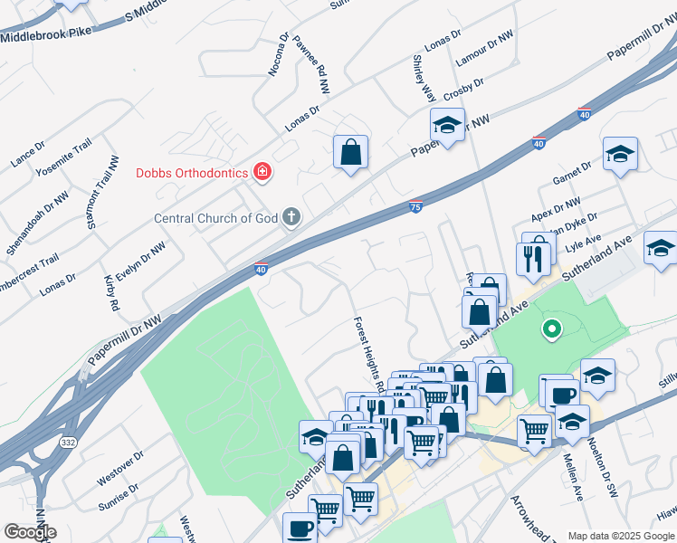 map of restaurants, bars, coffee shops, grocery stores, and more near 1044 Forest Heights Road in Knoxville