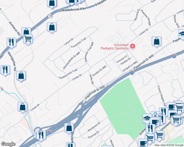map of restaurants, bars, coffee shops, grocery stores, and more near 5213 Kirby Road in Knoxville
