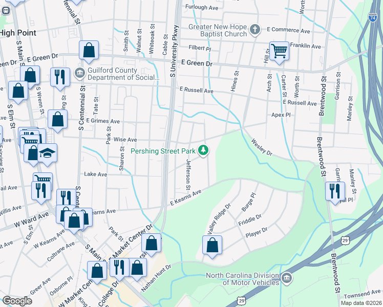 map of restaurants, bars, coffee shops, grocery stores, and more near 1007 Jefferson Street in High Point