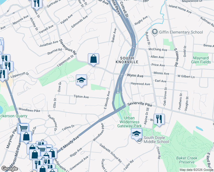 map of restaurants, bars, coffee shops, grocery stores, and more near 906 Baker Avenue in Knoxville