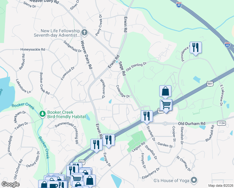 map of restaurants, bars, coffee shops, grocery stores, and more near Melville Loop in Chapel Hill