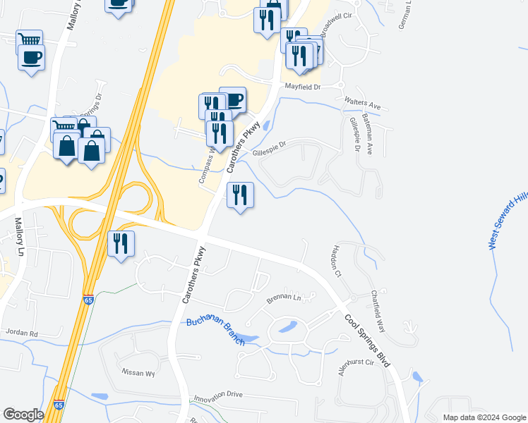 map of restaurants, bars, coffee shops, grocery stores, and more near 730 Cool Springs Boulevard in Franklin