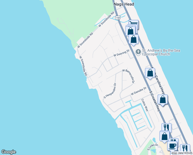 map of restaurants, bars, coffee shops, grocery stores, and more near 4222 West Breeze Way in Nags Head