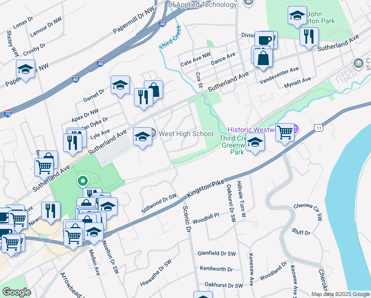 map of restaurants, bars, coffee shops, grocery stores, and more near 3928 West Bellemeade Avenue in Knoxville