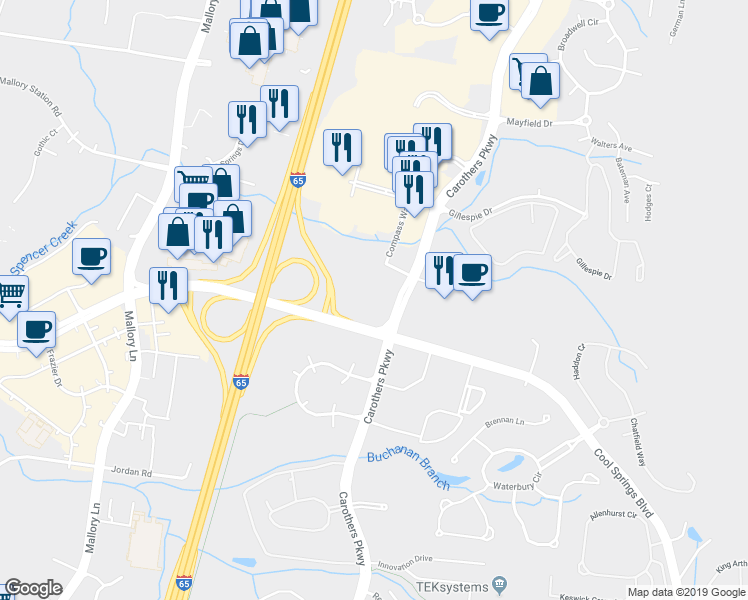 map of restaurants, bars, coffee shops, grocery stores, and more near 501 Corporate Centre Drive in Franklin