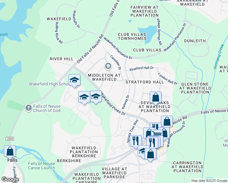 map of restaurants, bars, coffee shops, grocery stores, and more near 12312 Camberwell Ct in Raleigh