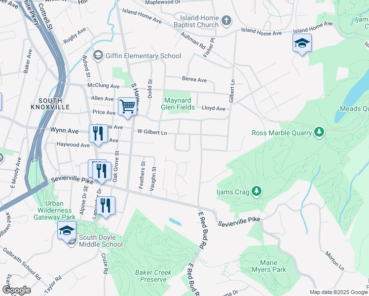 map of restaurants, bars, coffee shops, grocery stores, and more near 3355 Coffman Drive in Knoxville