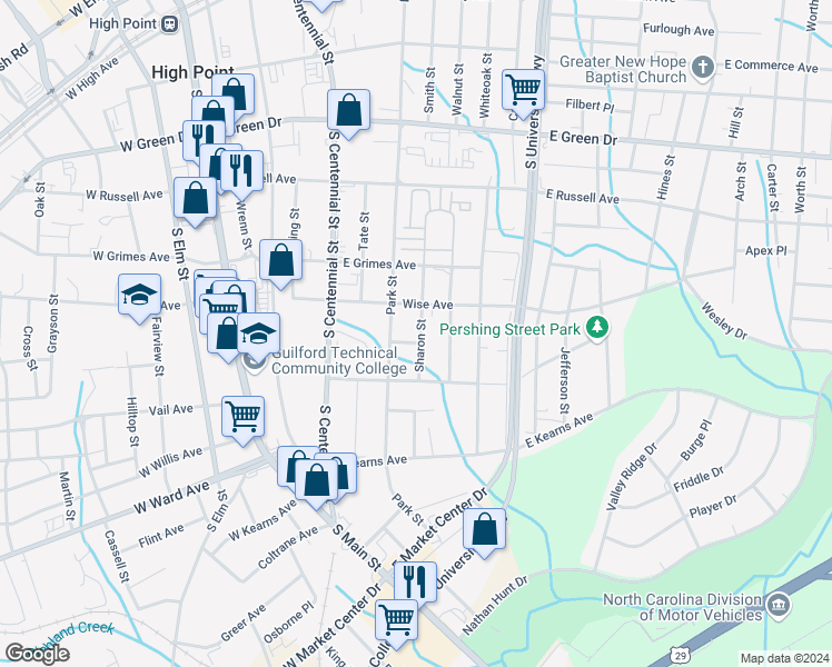 map of restaurants, bars, coffee shops, grocery stores, and more near 1012 Sharon Street in High Point