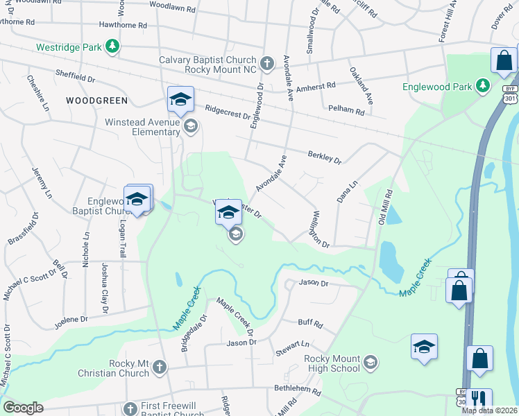 map of restaurants, bars, coffee shops, grocery stores, and more near 2920 Westminster Drive in Rocky Mount