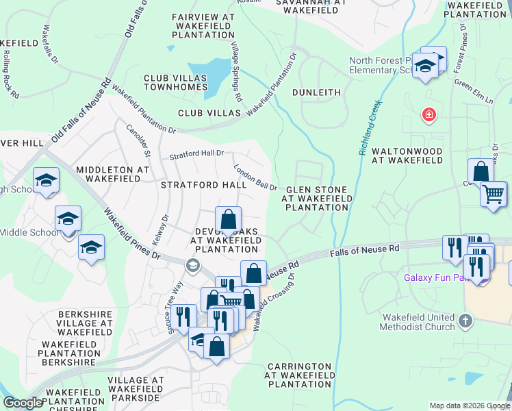 map of restaurants, bars, coffee shops, grocery stores, and more near 2916 Mountain Ash Court in Raleigh