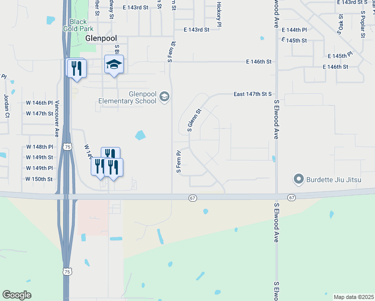 map of restaurants, bars, coffee shops, grocery stores, and more near 14822 South Glenn Street in Glenpool
