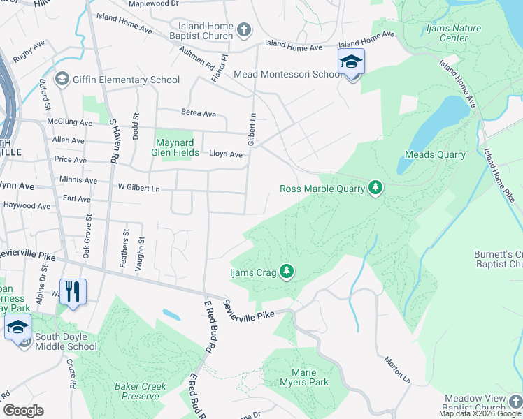 map of restaurants, bars, coffee shops, grocery stores, and more near 2329 Sylvania Avenue Southeast in Knoxville