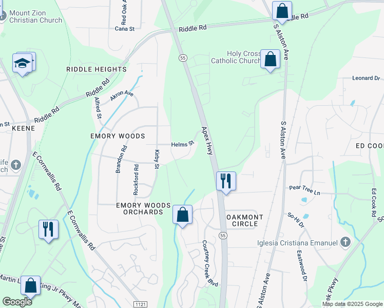 map of restaurants, bars, coffee shops, grocery stores, and more near 2568-2580 Apex Highway in Durham
