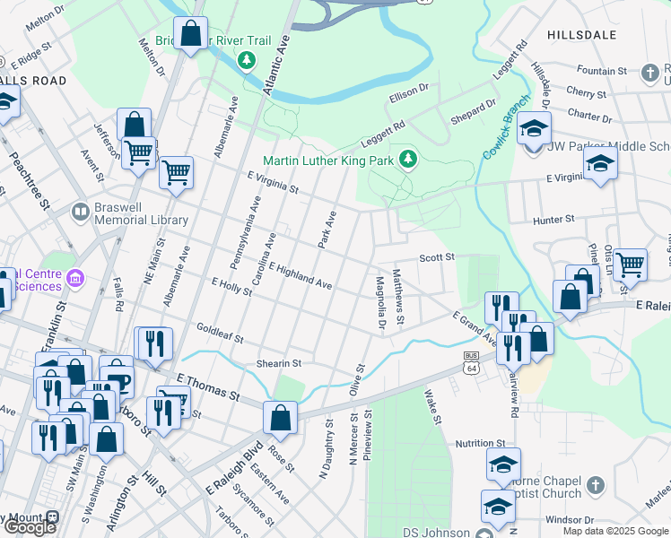 map of restaurants, bars, coffee shops, grocery stores, and more near 516 Woodland Avenue in Rocky Mount