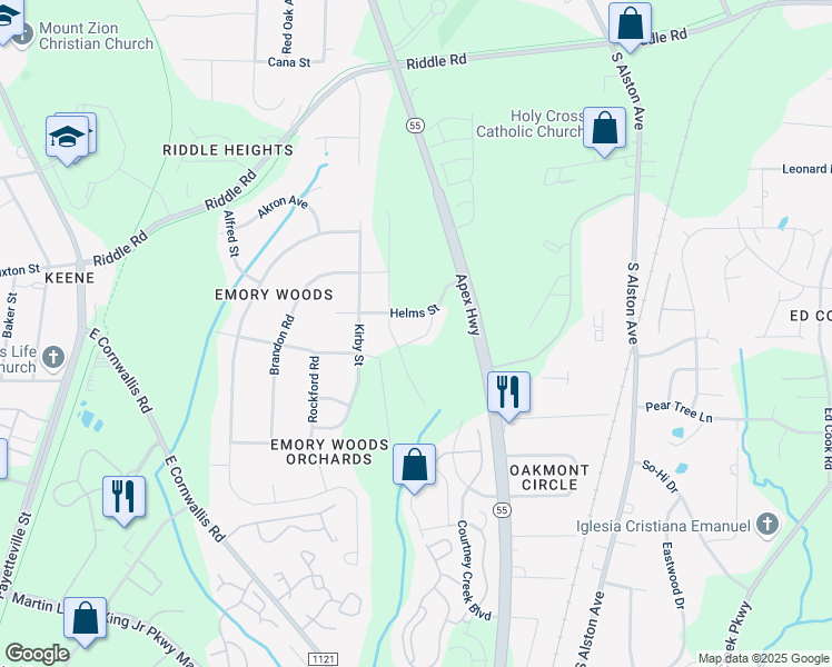 map of restaurants, bars, coffee shops, grocery stores, and more near 1226 Lizer Road in Durham