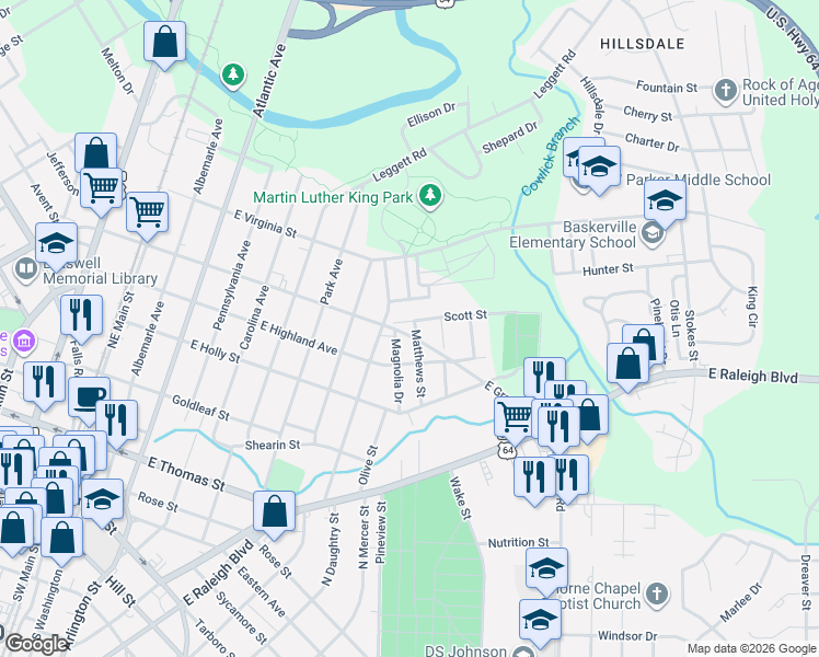 map of restaurants, bars, coffee shops, grocery stores, and more near 1004 East Grand Avenue in Rocky Mount