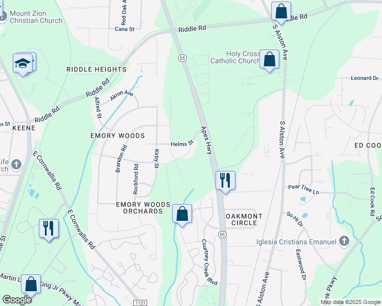 map of restaurants, bars, coffee shops, grocery stores, and more near 2568-2580 Apex Highway in Durham