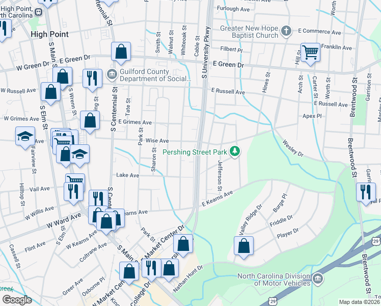 map of restaurants, bars, coffee shops, grocery stores, and more near 1012 Grace Street in High Point
