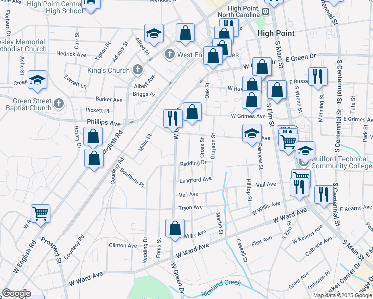map of restaurants, bars, coffee shops, grocery stores, and more near 514 Amos Street in High Point