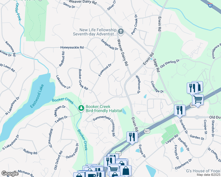 map of restaurants, bars, coffee shops, grocery stores, and more near 208 Kirkwood Drive in Chapel Hill