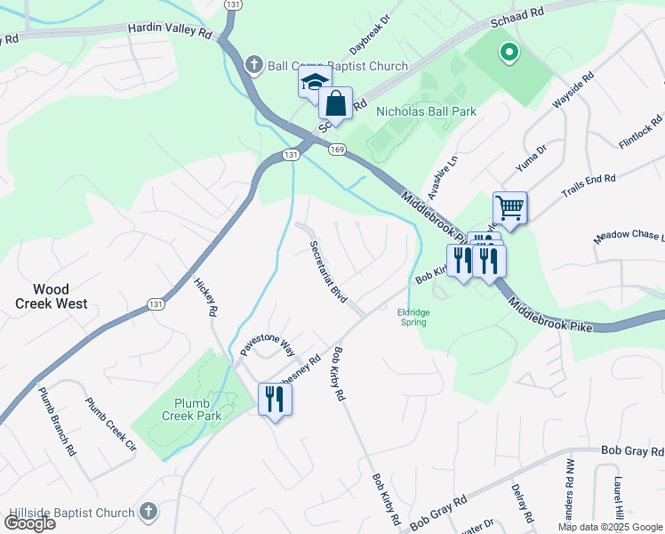 map of restaurants, bars, coffee shops, grocery stores, and more near 1512 Secretariat Boulevard in Knoxville