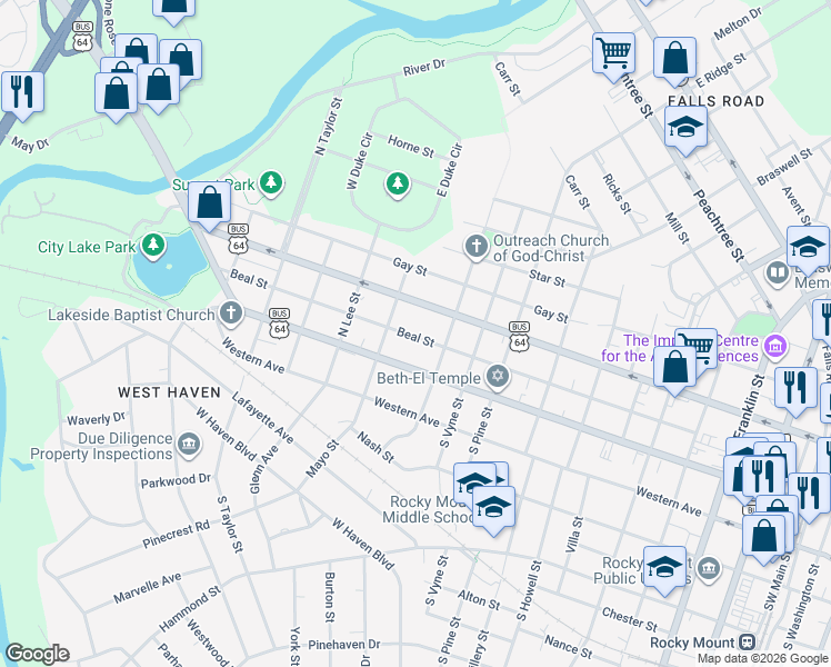 map of restaurants, bars, coffee shops, grocery stores, and more near 1126 Beal Street in Rocky Mount