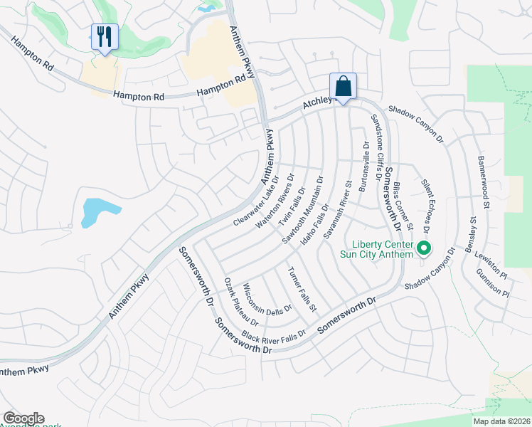 map of restaurants, bars, coffee shops, grocery stores, and more near 2175 Waterton Rivers Drive in Henderson