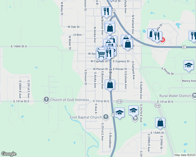 map of restaurants, bars, coffee shops, grocery stores, and more near 202 West Ash Street in Coweta