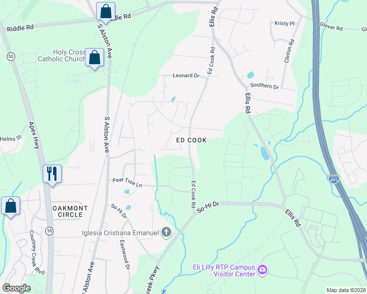 map of restaurants, bars, coffee shops, grocery stores, and more near 102 White Burley Court in Durham
