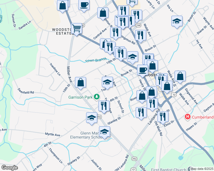 map of restaurants, bars, coffee shops, grocery stores, and more near 23 Woody Court in Crossville