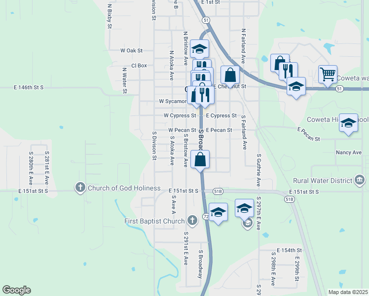 map of restaurants, bars, coffee shops, grocery stores, and more near 202 West Ash Street in Coweta