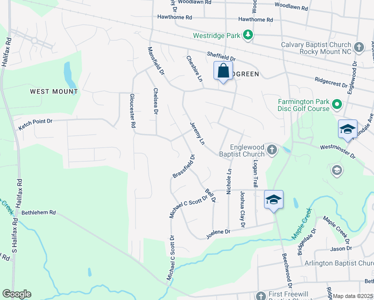 map of restaurants, bars, coffee shops, grocery stores, and more near 4016 Brassfield Drive in Rocky Mount