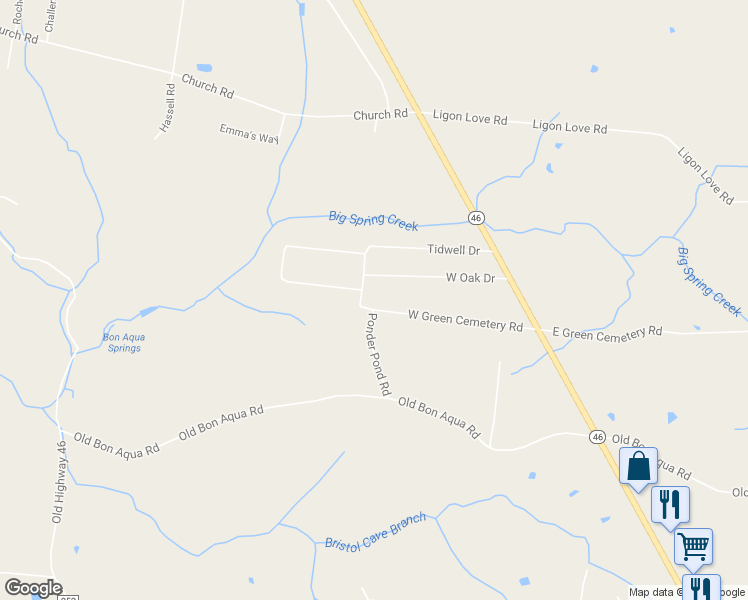 map of restaurants, bars, coffee shops, grocery stores, and more near 10040 West Green Cemetery Road in Bon Aqua