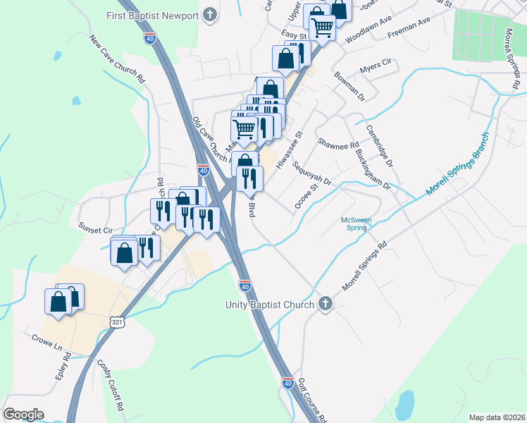 map of restaurants, bars, coffee shops, grocery stores, and more near 222 Heritage Boulevard in Newport