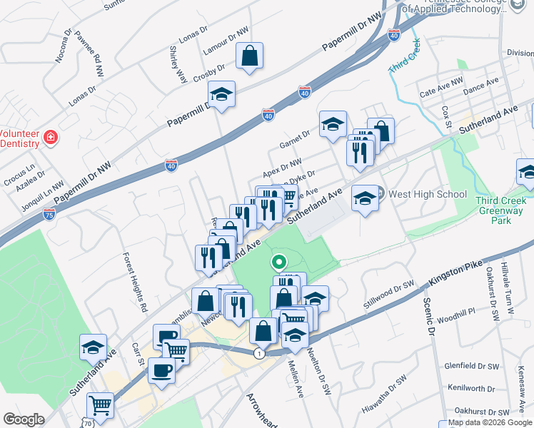 map of restaurants, bars, coffee shops, grocery stores, and more near 3611 Sutherland Avenue in Knoxville