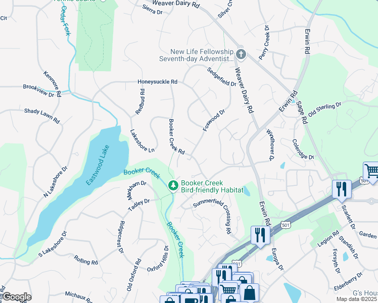 map of restaurants, bars, coffee shops, grocery stores, and more near 2516 Foxwood Drive in Chapel Hill