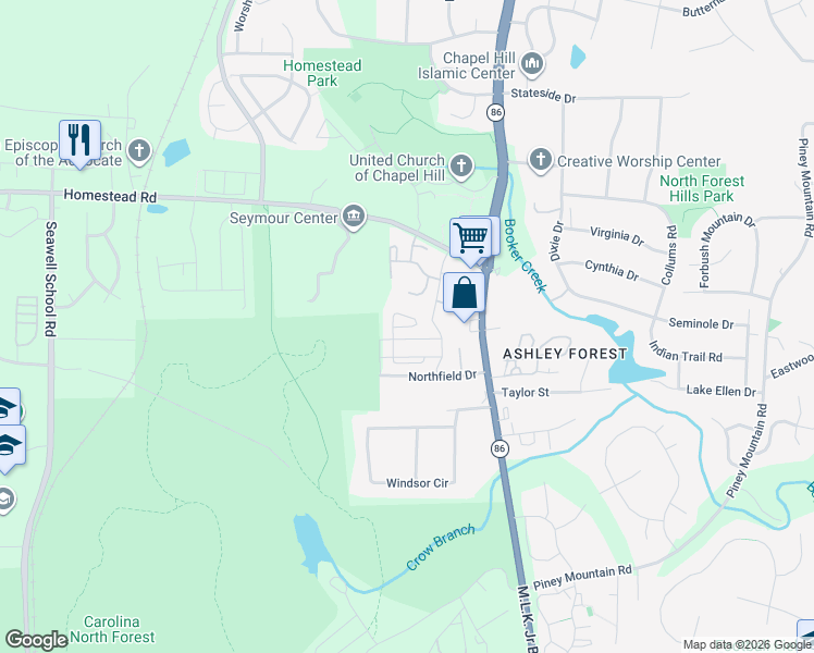 map of restaurants, bars, coffee shops, grocery stores, and more near North Heritage Circle in Chapel Hill