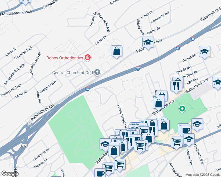 map of restaurants, bars, coffee shops, grocery stores, and more near 1044 Forest Heights Road in Knoxville