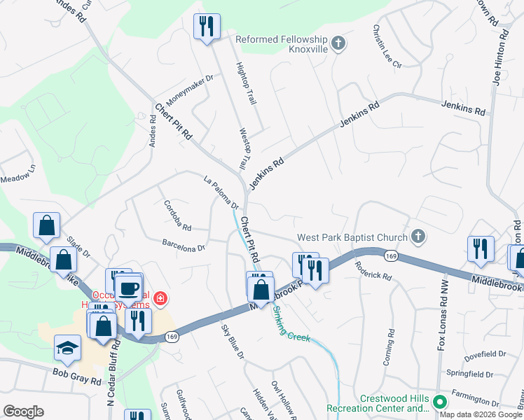 map of restaurants, bars, coffee shops, grocery stores, and more near 8956 Maple Ridge Lane in Knoxville