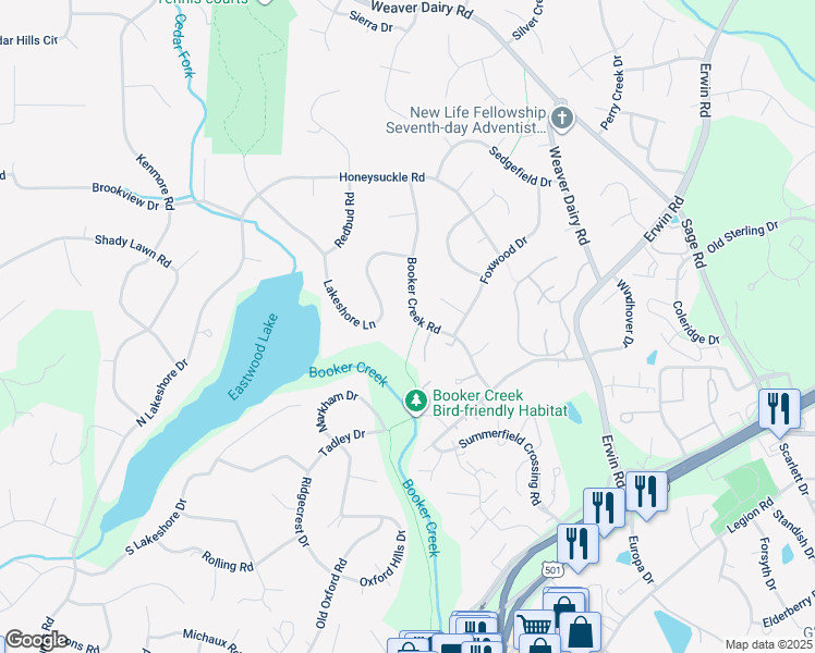 map of restaurants, bars, coffee shops, grocery stores, and more near 2531 Booker Creek Road in Chapel Hill