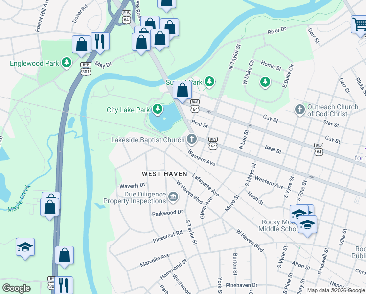 map of restaurants, bars, coffee shops, grocery stores, and more near 1513 Western Avenue in Rocky Mount