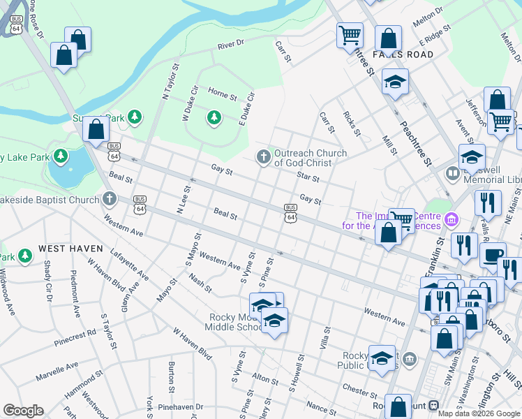 map of restaurants, bars, coffee shops, grocery stores, and more near 214-298 North Vyne Street in Rocky Mount