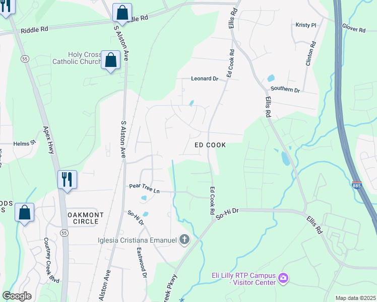 map of restaurants, bars, coffee shops, grocery stores, and more near 220 Dogwood Blossoms Drive in Durham