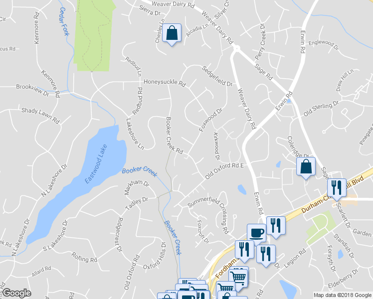map of restaurants, bars, coffee shops, grocery stores, and more near 2525 Booker Creek Road in Chapel Hill
