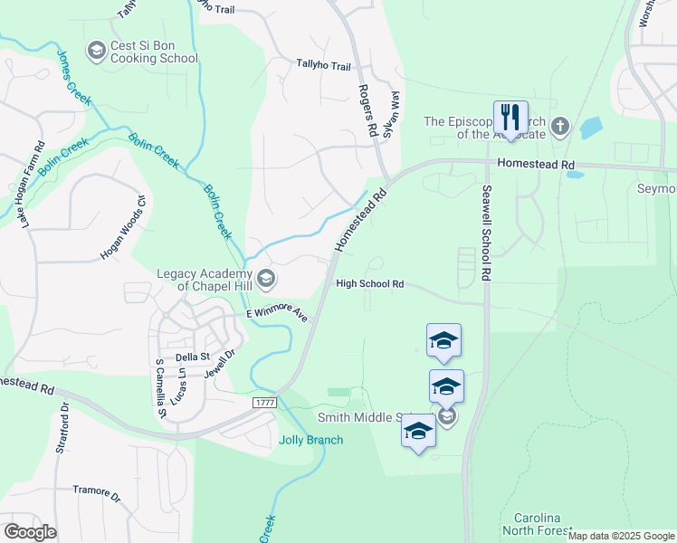 map of restaurants, bars, coffee shops, grocery stores, and more near 1510 Homestead Road in Chapel Hill