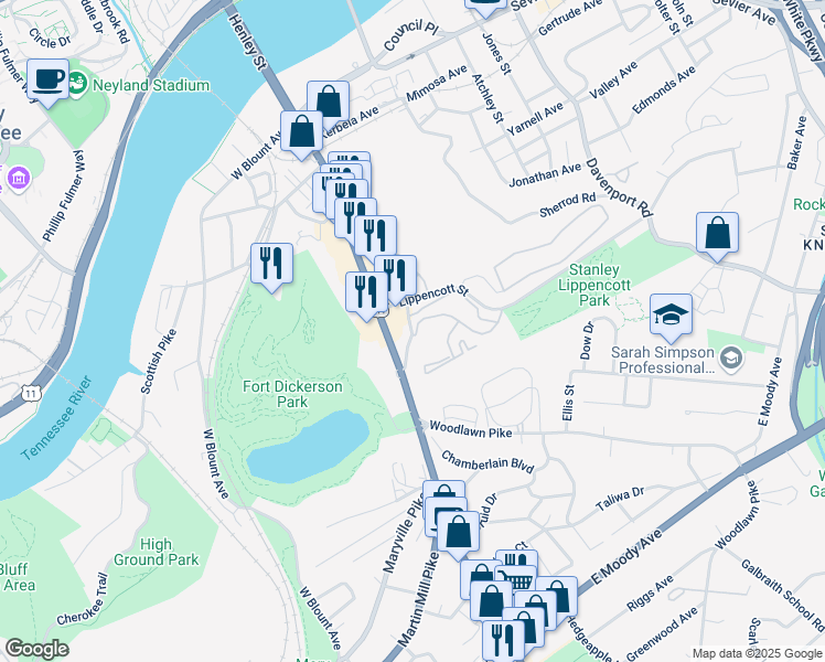 map of restaurants, bars, coffee shops, grocery stores, and more near 200 Highwood Court in Knoxville