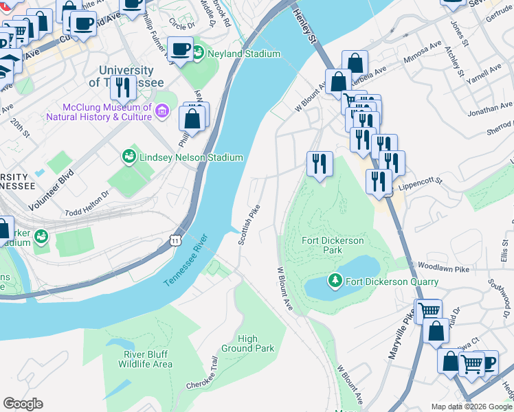 map of restaurants, bars, coffee shops, grocery stores, and more near 2547 Scottish Pike in Knoxville
