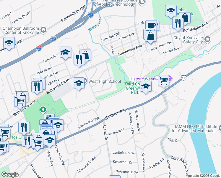 map of restaurants, bars, coffee shops, grocery stores, and more near 3900 North Bellemeade Avenue in Knoxville