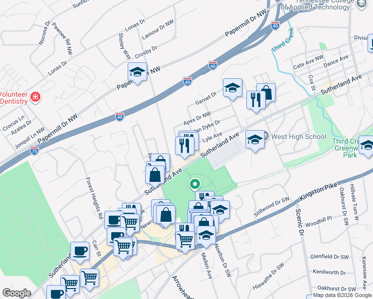 map of restaurants, bars, coffee shops, grocery stores, and more near 3611 Sutherland Avenue in Knoxville