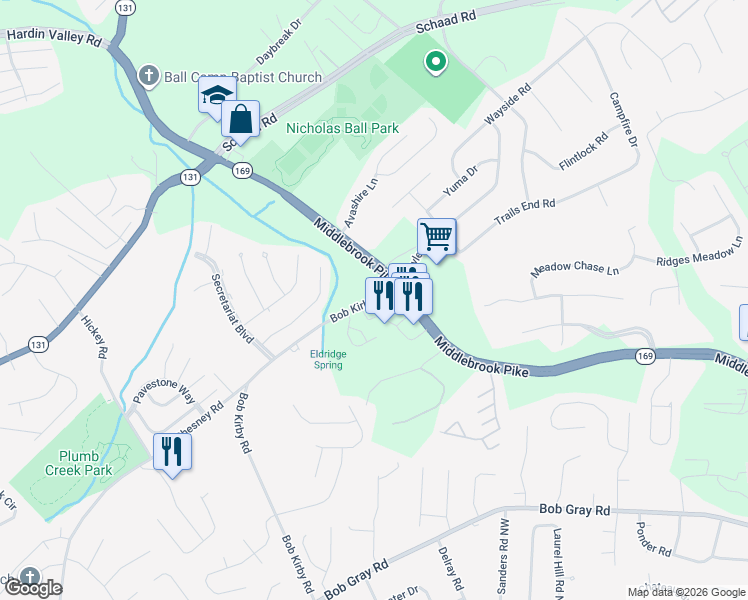 map of restaurants, bars, coffee shops, grocery stores, and more near 1516 Bob Kirby Rd in Knoxville